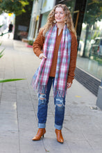 Load image into Gallery viewer, Keep Me Cozy Blue &amp; Light Burgundy Plaid Fringe Scarf
