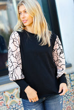 Load image into Gallery viewer, Date Night Black Velvet Floral Mesh Bubble Sleeve Top
