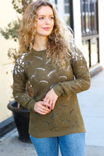 Load image into Gallery viewer, Feeling Fun Olive Pointelle Lace Shoulder Knit Sweater
