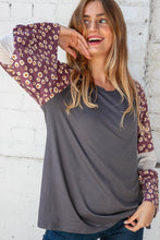 Load image into Gallery viewer, Slate Jacquard Floral Color Block Bell Sleeve Top
