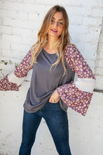 Load image into Gallery viewer, Slate Jacquard Floral Color Block Bell Sleeve Top
