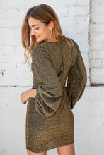 Load image into Gallery viewer, V Neck Bubble Sleeve Gold Glitter Bodycon Dress

