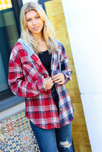 Load image into Gallery viewer, Face the Day Red/Navy Plaid Color Block Hoodie Shacket
