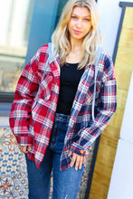 Load image into Gallery viewer, Face the Day Red/Navy Plaid Color Block Hoodie Shacket
