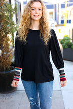 Load image into Gallery viewer, Dream On Black Multicolor Stripe Banded Puff Sleeve Top
