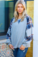 Load image into Gallery viewer, Face The Day Grey/Navy Plaid Thermal Raglan Pullover
