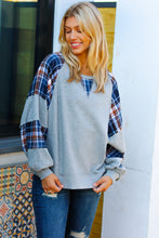 Load image into Gallery viewer, Face The Day Grey/Navy Plaid Thermal Raglan Pullover
