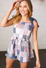 Load image into Gallery viewer, Denim Patchwork Babydoll Shoulder Tie Top
