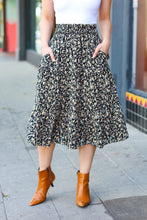 Load image into Gallery viewer, It&#39;s Your Day Black Ditzy Floral Smocked Waist Midi Skirt
