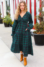 Load image into Gallery viewer, All I Want Hunter Green Plaid Elastic V Neck Tiered Maxi Dress
