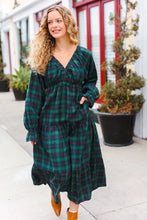 Load image into Gallery viewer, All I Want Hunter Green Plaid Elastic V Neck Tiered Maxi Dress
