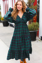 Load image into Gallery viewer, All I Want Hunter Green Plaid Elastic V Neck Tiered Maxi Dress
