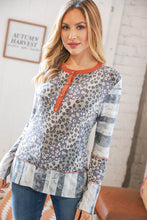 Load image into Gallery viewer, Grey Patchwork Leopard Button Down Knit Top
