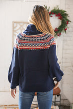 Load image into Gallery viewer, Navy Holiday Pattern Bubble Sleeve Cowel Neck

