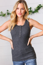 Load image into Gallery viewer, Charcoal Cotton Rib Henley Button Down Tank Top
