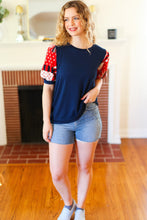 Load image into Gallery viewer, Stand-Out Navy Patriotic Patchwork Puff Sleeve Top
