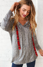 Load image into Gallery viewer, Grey Leopard Print &amp; Plaid Drawstring Hoodie
