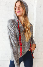 Load image into Gallery viewer, Grey Leopard Print &amp; Plaid Drawstring Hoodie
