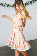 Load image into Gallery viewer, Sage Boho Floral Button Detail V Neck Ruffle Dress
