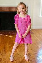 Load image into Gallery viewer, Kids Adorable Dark Rose Button Square Neck Ruche Dress

