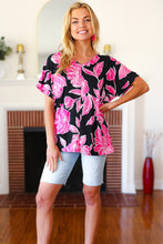 Load image into Gallery viewer, Tropical Vibes Black &amp; Hot Pink Floral V Neck Top
