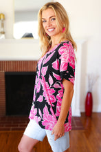 Load image into Gallery viewer, Tropical Vibes Black &amp; Hot Pink Floral V Neck Top
