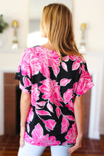 Load image into Gallery viewer, Tropical Vibes Black &amp; Hot Pink Floral V Neck Top
