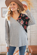 Load image into Gallery viewer, Grey &amp; Black Floral Surplice Button Knit Top
