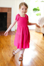 Load image into Gallery viewer, Kids Darling Pink Crepe Tiered Smocked Shoulder Tie Dress
