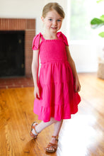 Load image into Gallery viewer, Kids Darling Pink Crepe Tiered Smocked Shoulder Tie Dress
