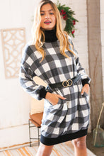 Load image into Gallery viewer, Black Buffalo Plaid Belted Sweater Dress

