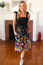 Load image into Gallery viewer, Give Your All Black Smocked Shoulder Tie Floral Print Dress
