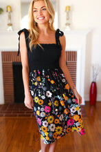 Load image into Gallery viewer, Give Your All Black Smocked Shoulder Tie Floral Print Dress
