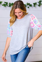 Load image into Gallery viewer, Grey Floral Crochet Print Puff Sleeve Top
