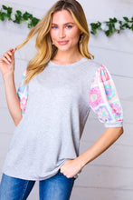 Load image into Gallery viewer, Grey Floral Crochet Print Puff Sleeve Top
