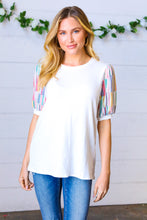 Load image into Gallery viewer, Ivory Multicolor Vertical Stripe Puff Sleeve Top

