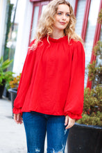 Load image into Gallery viewer, Be Merry Red Frill Mock Neck Crinkle Woven Top
