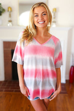 Load image into Gallery viewer, Pink &amp; Grey Tie Dye Stripe Terry V Neck Top
