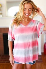 Load image into Gallery viewer, Pink &amp; Grey Tie Dye Stripe Terry V Neck Top
