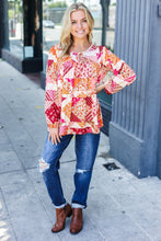 Load image into Gallery viewer, Rust &amp; Magenta Patchwork Print Front Tie Boho Top
