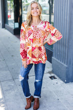 Load image into Gallery viewer, Rust &amp; Magenta Patchwork Print Front Tie Boho Top
