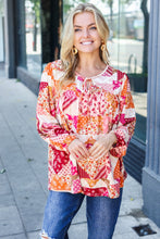Load image into Gallery viewer, Rust &amp; Magenta Patchwork Print Front Tie Boho Top

