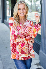 Load image into Gallery viewer, Rust &amp; Magenta Patchwork Print Front Tie Boho Top
