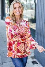 Load image into Gallery viewer, Rust &amp; Magenta Patchwork Print Front Tie Boho Top
