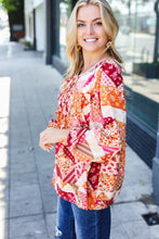 Load image into Gallery viewer, Rust &amp; Magenta Patchwork Print Front Tie Boho Top
