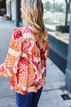 Load image into Gallery viewer, Rust &amp; Magenta Patchwork Print Front Tie Boho Top
