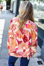 Load image into Gallery viewer, Rust &amp; Magenta Patchwork Print Front Tie Boho Top
