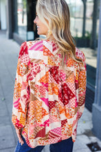 Load image into Gallery viewer, Rust &amp; Magenta Patchwork Print Front Tie Boho Top
