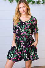 Load image into Gallery viewer, Black &amp; Floral Surplice Short Sleeve Pocketed Romper
