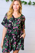 Load image into Gallery viewer, Black &amp; Floral Surplice Short Sleeve Pocketed Romper
